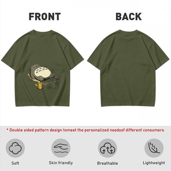 Olive T-shirt with Sleeping Totoro and Crossover Anime Characters Print