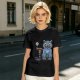 Olive T-Shirt With Whimsical Blue Cat And Mushroom Figure Print