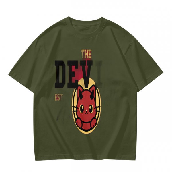 Olive T-Shirt with Red Devil Cat Graphic and The Dev Print