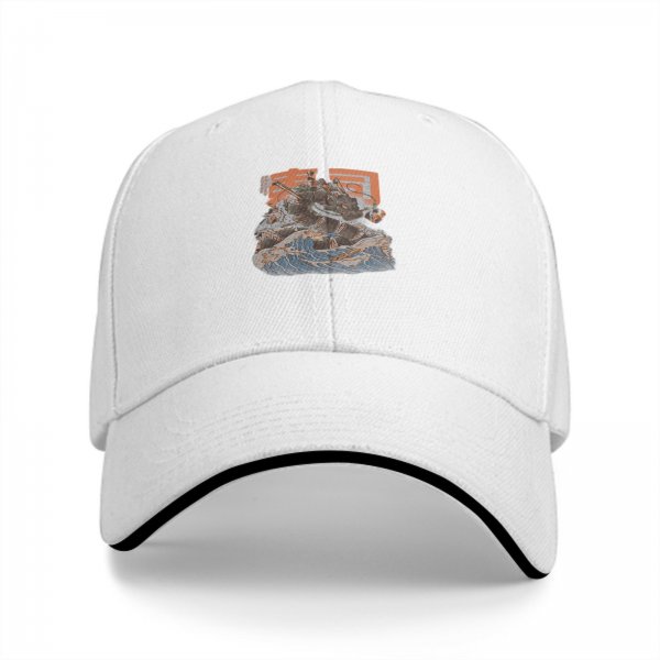Black baseball cap with ocean wave and rocky graphic print