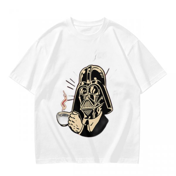 Olive T-shirt with Darth Vader holding a steaming coffee cup