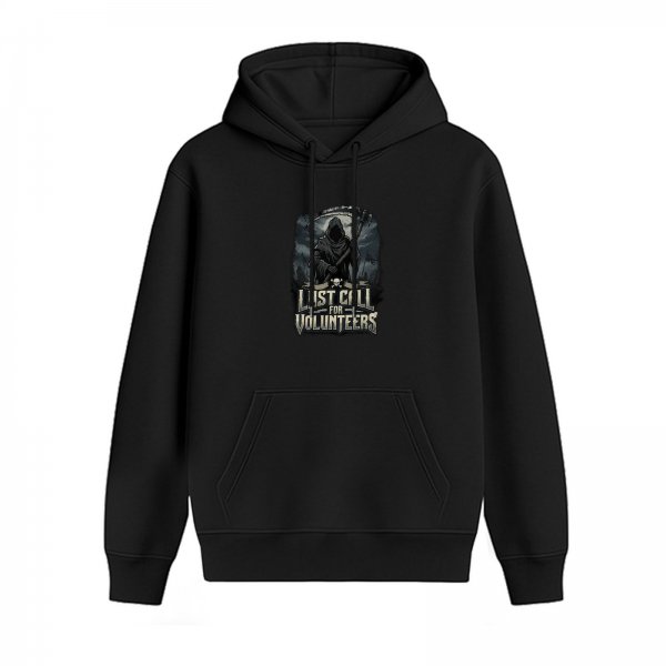 Black hoodie with grim reaper 'Last Call for Volunteers' graphic