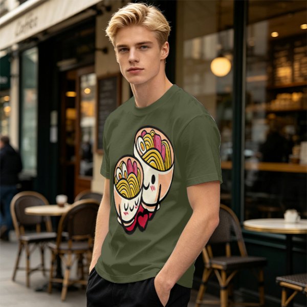 Olive T-Shirt With Cute Hugging Ramen Bowl Couple Print