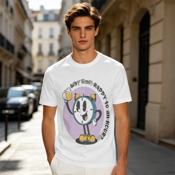 Olive T-Shirt With Cartoon Clock Holding Beer 'Happy Hour' Print