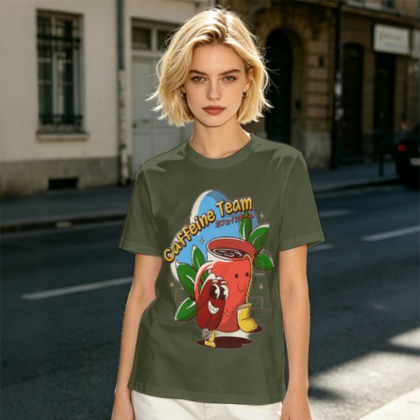 Olive green graphic t-shirt with caffeine team coffee cup and bean illustration