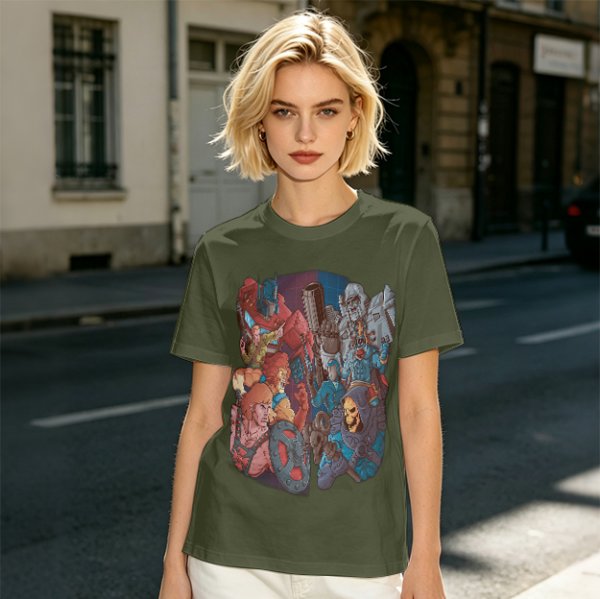 Olive T-shirt with 80s cartoon character crossover graphic