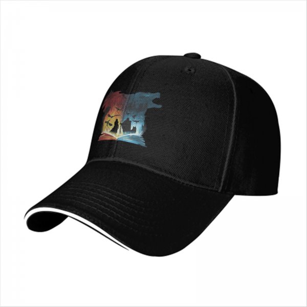 Black baseball cap with fantasy dragon and wolf open book graphic