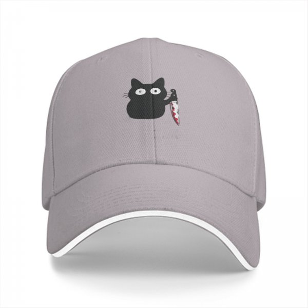 Black Baseball Cap With Cute Cat Holding Bloody Knife Print