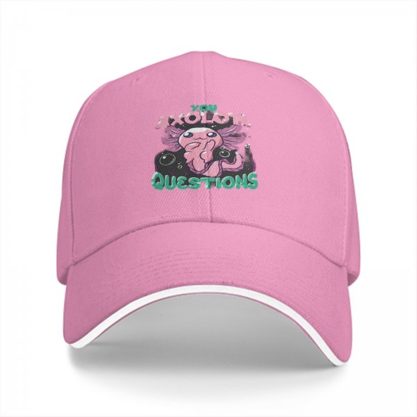 Black baseball cap with 'You Axolotl Questions' cute axolotl graphic