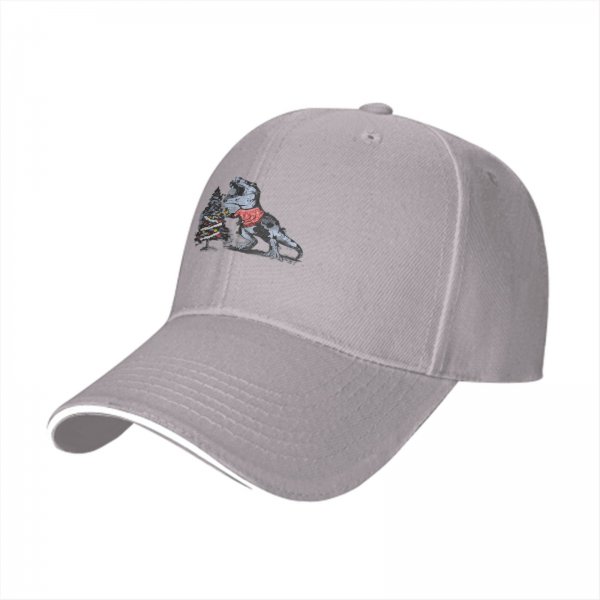 Black Baseball Cap with T-Rex Dinosaur and Christmas Tree Design