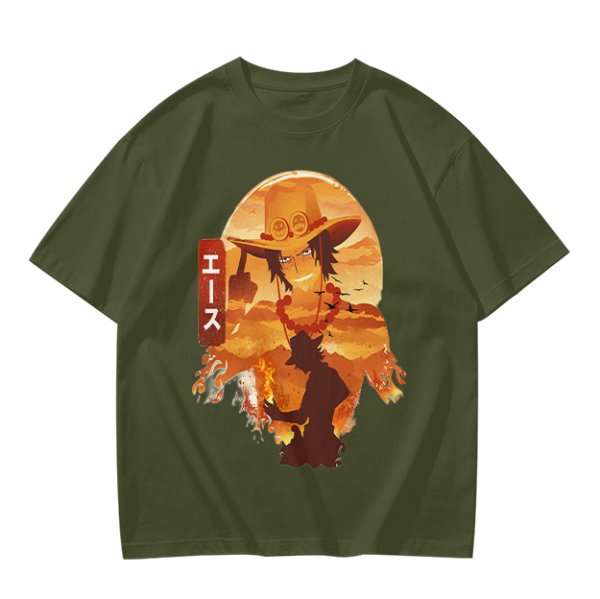 One Piece Portgas D. Ace Graphic Olive T-Shirt