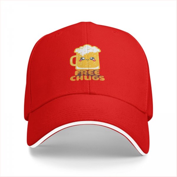 Black baseball cap with cute beer mug graphic and free chugs text