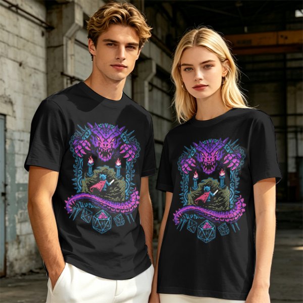 Dungeon Dragon and Warrior Graphic T-Shirt for Fantasy Game Fans