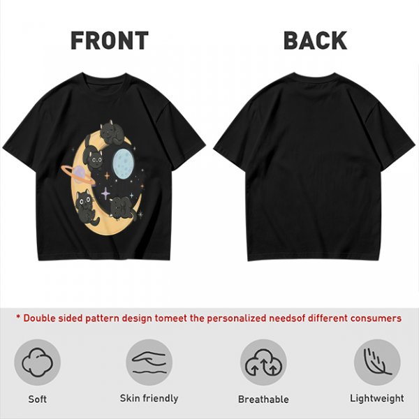 Olive T-Shirt With Black Cats On Crescent Moon Space Print