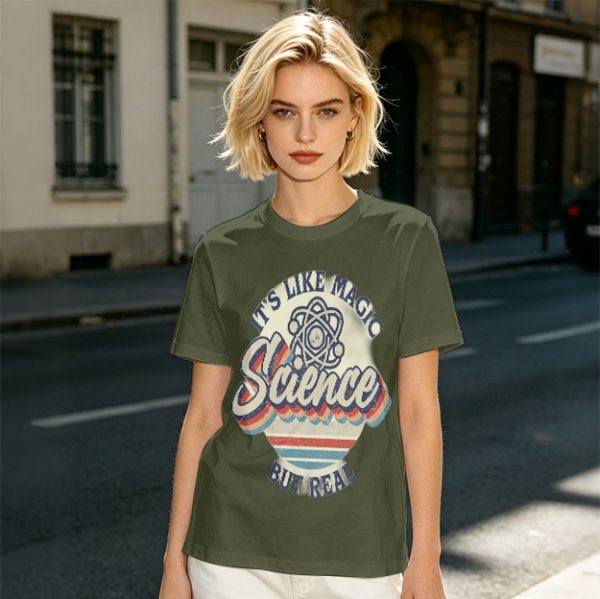 Olive T-Shirt With 'It's Like Magic Science But Real' Retro Print