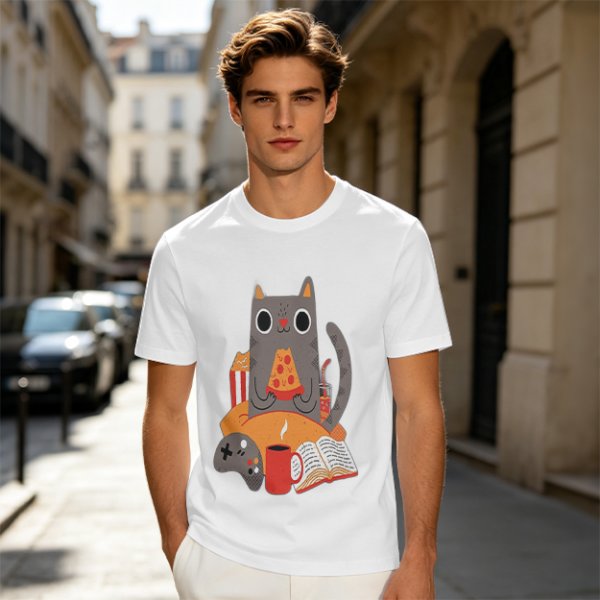 Olive T-Shirt With Cozy Cat Eating Pizza And Gaming Print