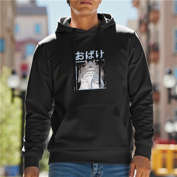 Black hoodie with Totoro forest spirit graphic and Japanese text