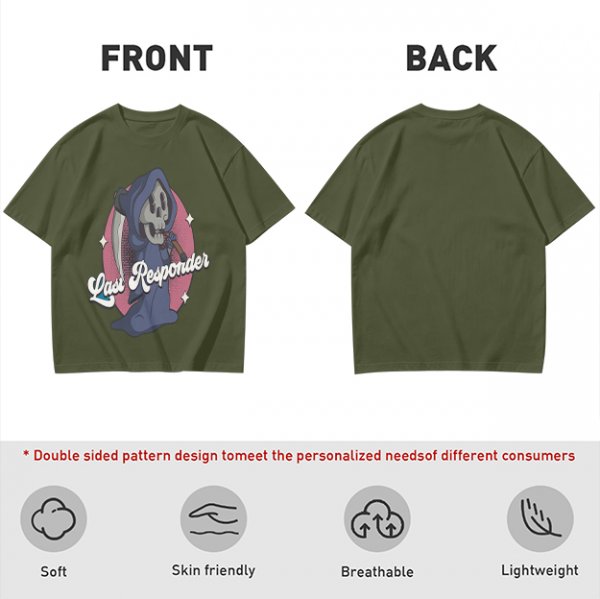 Olive T-Shirt with Cartoon Grim Reaper 'Last Responder' Print