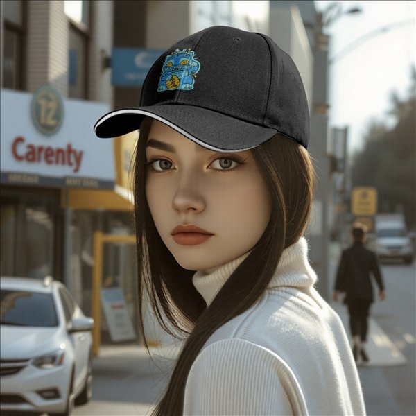 Black Baseball Cap With Blue Maneki-Neko Lucky Cat Graphic