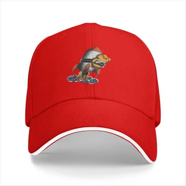 Black baseball cap with cartoon duck riding a rocket launch design