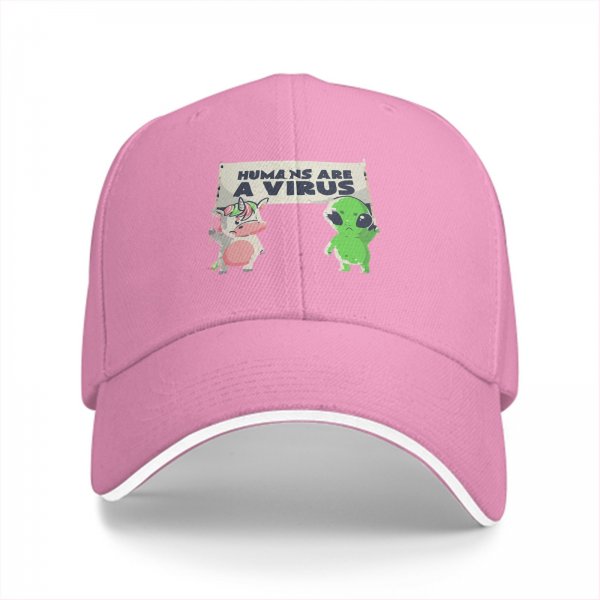 Black baseball cap with 'Humans Are A Virus' alien unicorn graphic