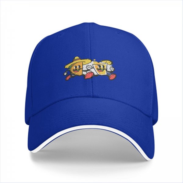 Black baseball cap with retro taco and beer cartoon graphic