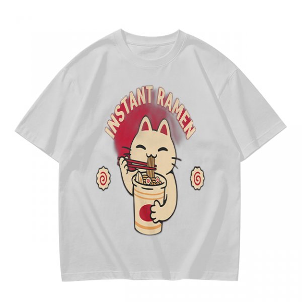 Olive green t-shirt with a cartoon cat eating instant ramen