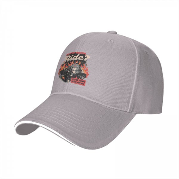 Black baseball cap with devil cat driving flaming car 'Do You Wanna Ride?' print