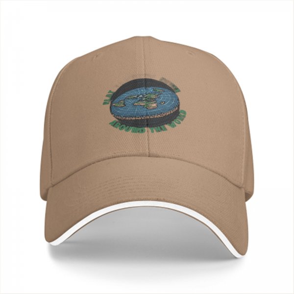 Black baseball cap with flat earth 'around the world' graphic print