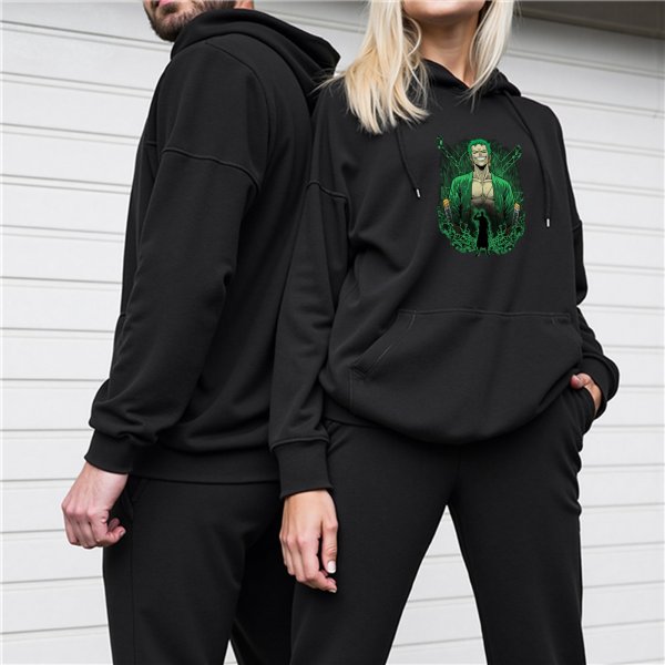Black Hoodie with Roronoa Zoro Anime Graphic Print