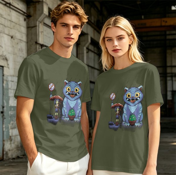 Olive T-Shirt With Whimsical Blue Cat And Mushroom Figure Print