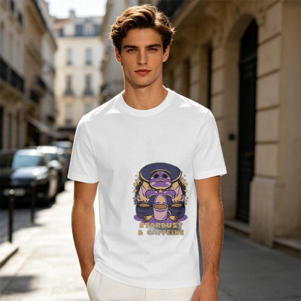 Olive Graphic T-Shirt with Wizard Cat and Stardust & Caffeine Print