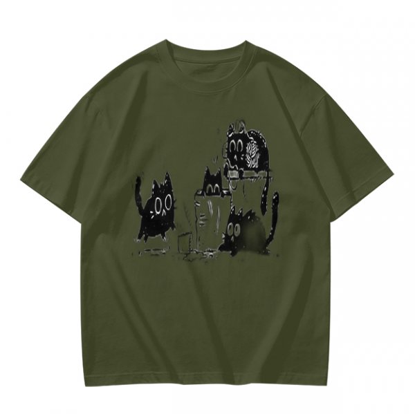 Olive Green T-Shirt With Playful Black Cat Graphic Print