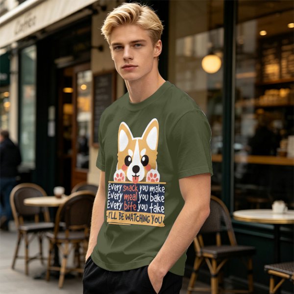 Olive t-shirt with corgi graphic and 'I'll Be Watching You' snack quote