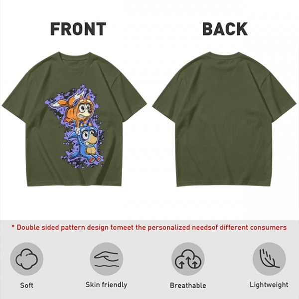 Olive green t-shirt with cartoon characters in cosplay graphic