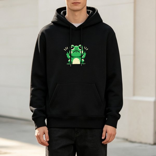 Black hoodie with a cartoon frog flipping off graphic
