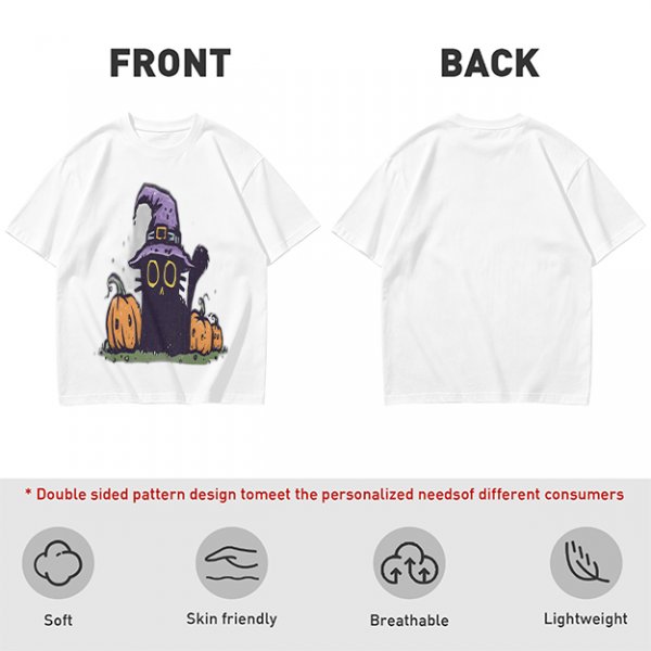 Olive Halloween T-Shirt with Black Cat Witch and Pumpkins
