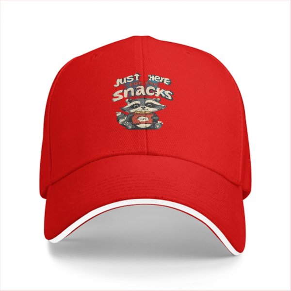 Black baseball cap with 'Just Here For The Snacks' raccoon graphic
