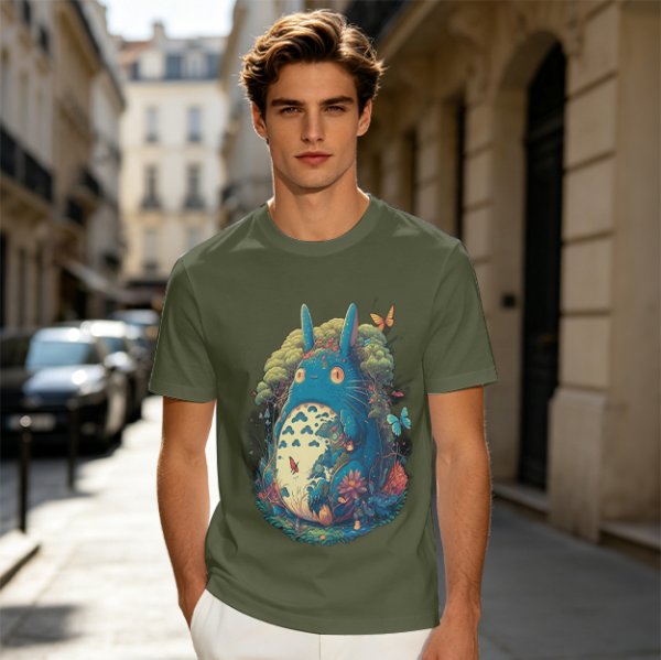Olive T-Shirt with Whimsical Forest Spirit and Butterfly Print