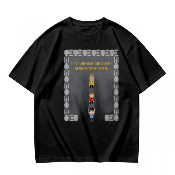 Olive t-shirt with retro video game 'It's dangerous to go alone' print
