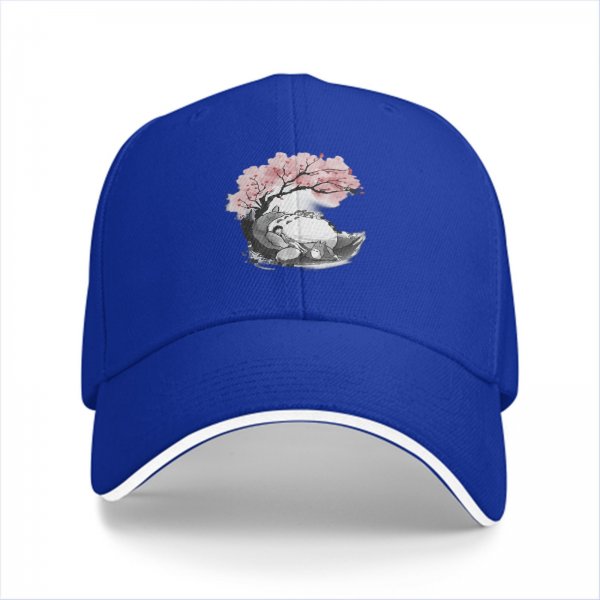 Black Baseball Cap with Cherry Blossom Tree and Whimsical Creature Print