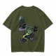 Olive T-shirt with cartoon lizard bench pressing weights in gym mirror
