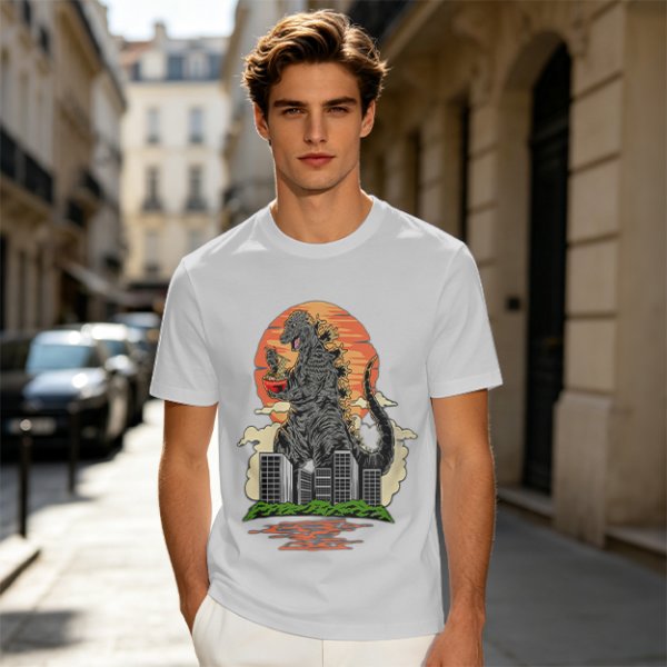 Godzilla Eating Ramen Sunset City Graphic T-Shirt