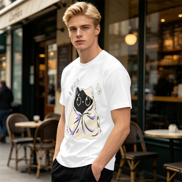 Olive T-shirt with Cute Black Cat Wrapped in Blanket Graphic