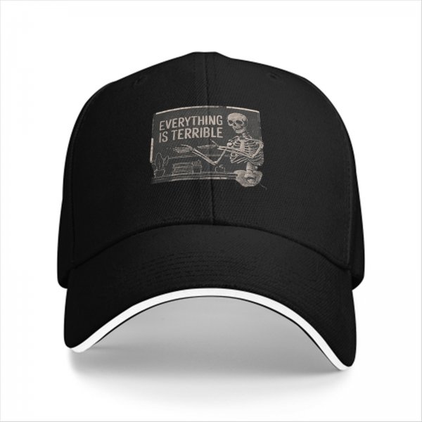 Black baseball cap with 'Everything is Terrible' skeleton graphic