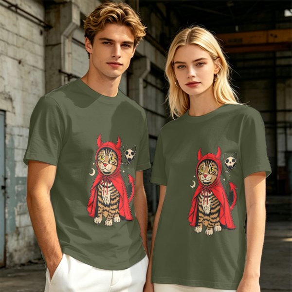 Olive T-shirt with a tabby cat in a devil hood and skull cat graphic