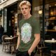 Olive Green Graphic T-Shirt With Whimsical Plant Creature And Floral Print