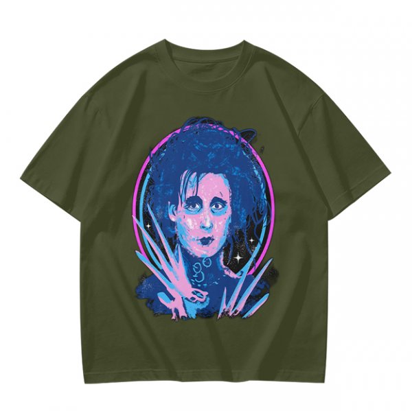 Olive T-Shirt With Neon Edward Scissorhands Portrait Print