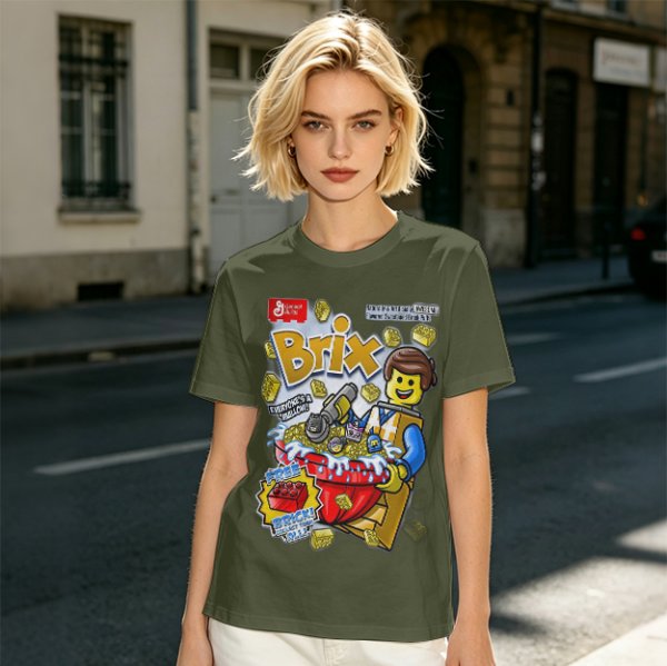 Olive t-shirt with Lego-style Brix cereal graphic print