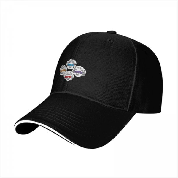 Black baseball cap with four stylized older women wearing colored visors